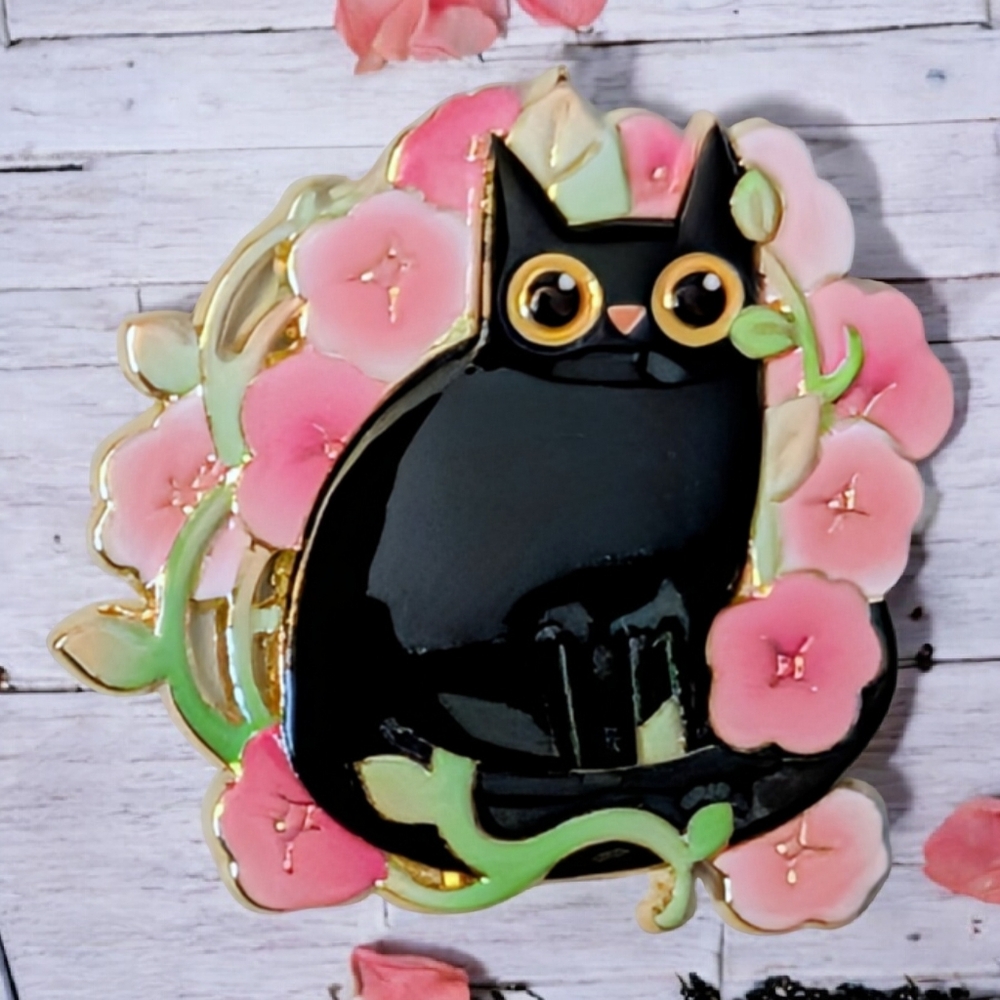 Black Cat Enamel Pin with Pink Flowers